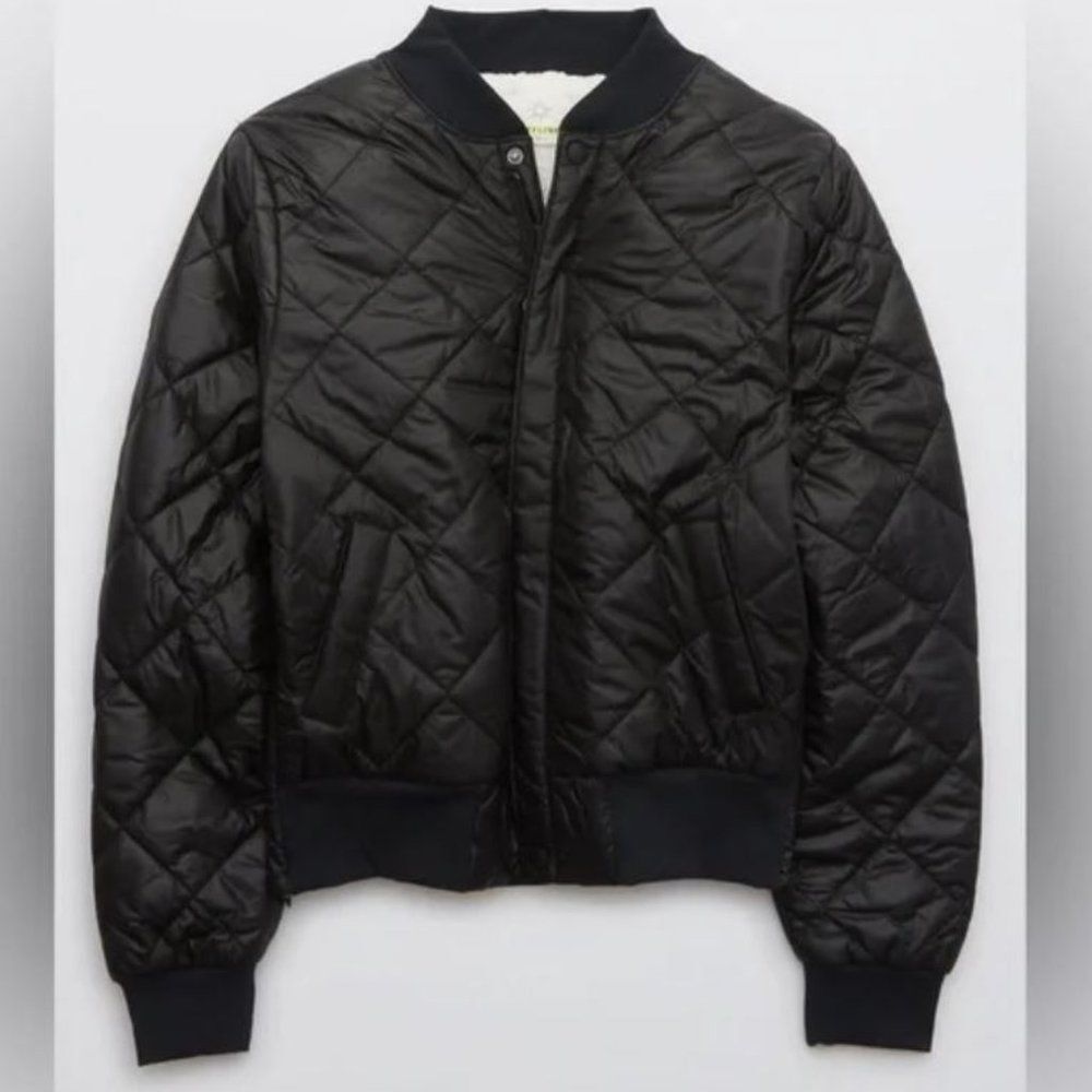 Aerie Black Quilted Sherpa Lined Bomber Jacket Size L